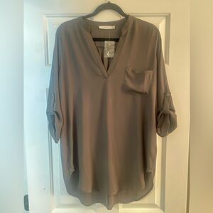Lush V-Neck Olive Green 3/4 Sleeve Blouse with Mandarin Collar, Long Length